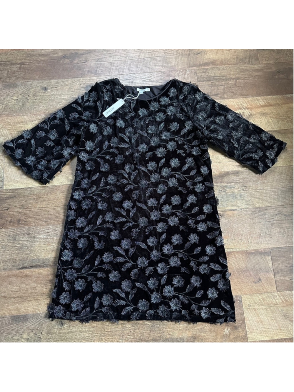 Women's Chico's Short Dress Velvet 3D Flower Black Size L Summer - Picture 2 of 9